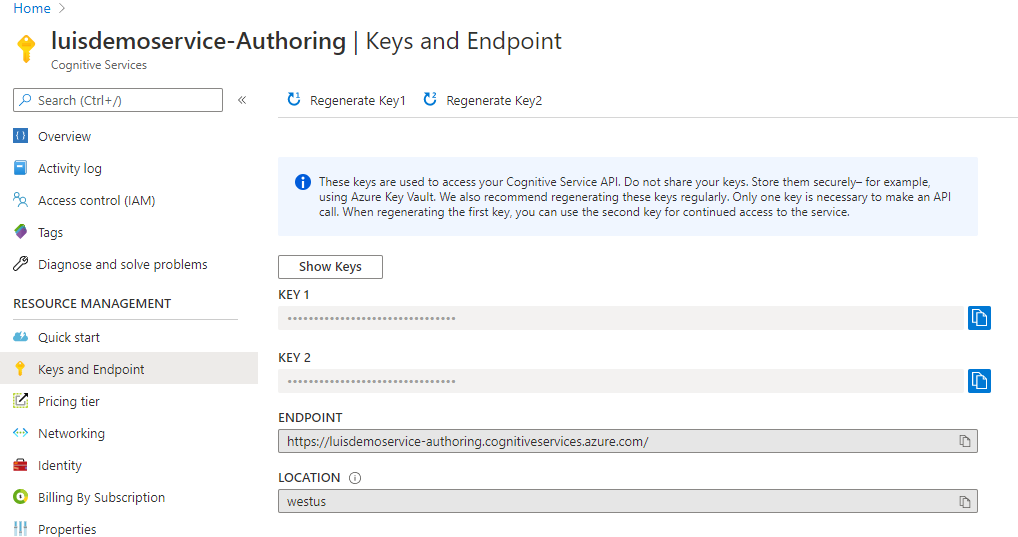 LUIS Authoring Keys and Endpoint for Bot Framework Composer