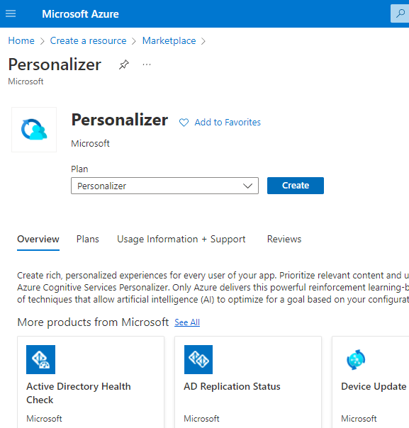 Creating Azure Personalizer resource