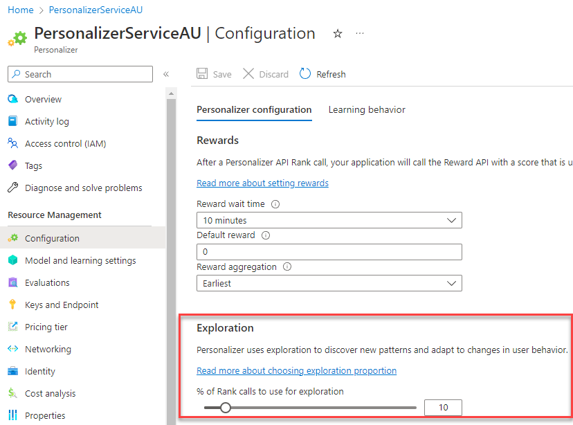 Exploration Settings in Azure Personalizer
