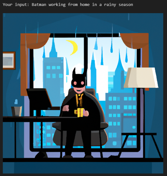 Batman working from home. Image generated by DALL-E